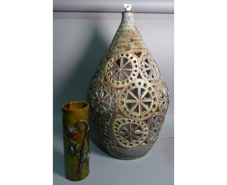 R P, Vieux, Moulin, Vallauris,  a Studio pottery table lamp with pierced roundels, 64cm high, and a Studio pottery vase mould