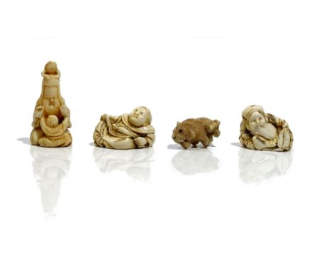 A group of three Japanese ivory netsuke, Meiji period, comprising; a netsuke of Fukurokuju, seated with a child and with a to