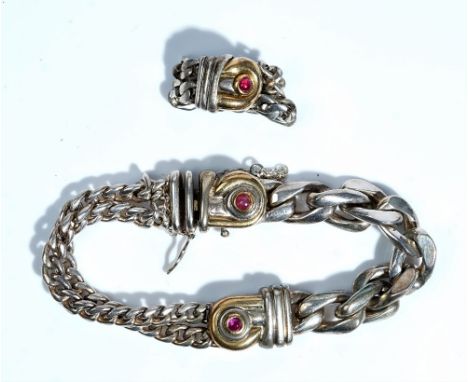 A Gucci silver and silver gilt bracelet and ring suite, the bracelet set with a ruby cabochon link to a heavy flattened curb 