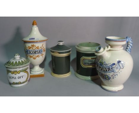 A group of five early 20th century ceramic apothecary jars and a European ceramic ewer, 26cm high (6). 