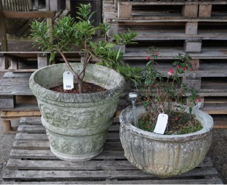 An early 20th century reconstituted stone circular planter with egg and dart decoration, 55cm diameter x 49cm high and anothe