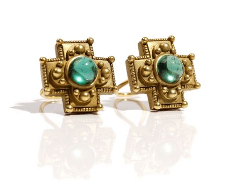 A pair of American gold and cabochon green tourmaline earclips, each in a cruciform design with beaded decoration, otherwise 