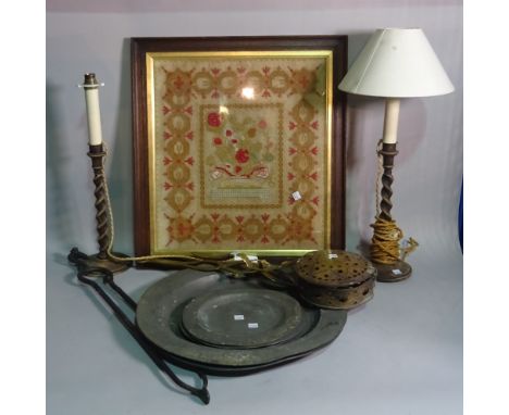 Collectables; a group of pewter plates, a framed tapestry, a fire fender, tools and sundry (qty). 