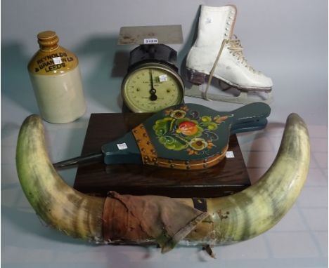 Collectables; a group including baby scales, bellows, ice skates, bull horns, shooting stick, silver plate and a stoneware ju