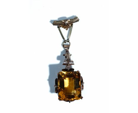 A gold and citrine single stone pendant, (the large cut cornered rectangular step cut citrine detached, but present), later f