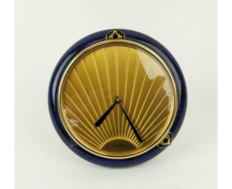 A CARTIER BLUE ENAMELLED CASE MANTLE CLOCK, art deco style '66066', sapphire set winders and time adjustments complete with p