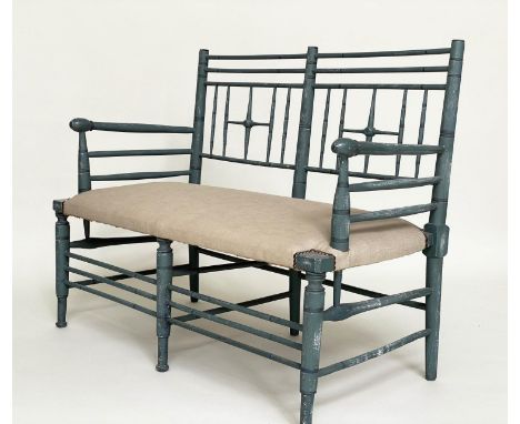 ARTS AND CRAFTS BENCH, early 20th century linen upholstered with painted Sussex style frame, 112cm W. 