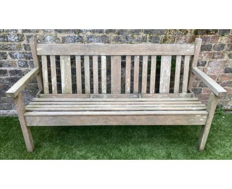 LISTER GARDEN BENCH, 154cm W, weathered teak of slatted construction. 