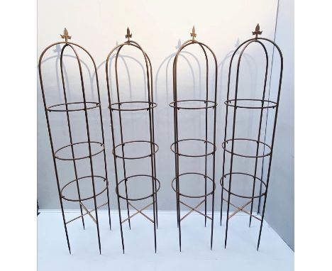 ARCHITECTURAL GARDEN OBELISKS, set of four, 150cm high, 33cm diameter, distressed rust finish metal. (4) 