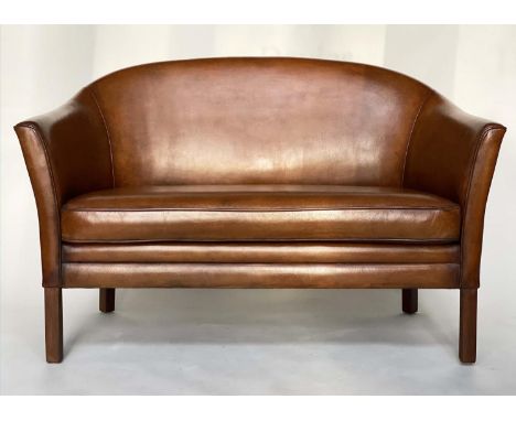 SOFA, Danish teak, two-seater with arched rounded back and tan brown leather upholstery, 131cm W. 