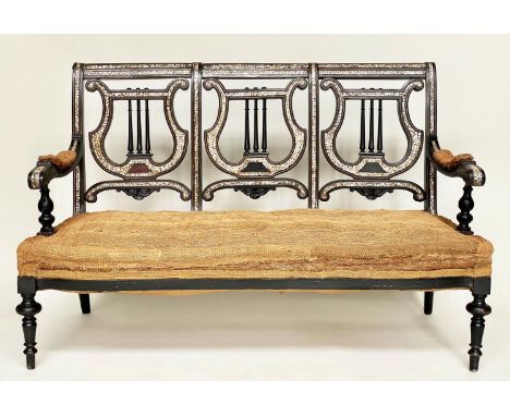 'MOORISH' BENCH, 19th century ebonised and mother of pearl inset with 'lyre' back and hessian cover, 126cm W. 