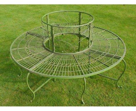 ARCHITECTURAL GARDEN TREE BENCH, 78cm high, 139cm diameter, Regency style pistachio coloured metal frame. 