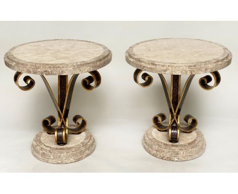 OCCASIONAL/LAMP TABLES, a pair, circular with stepped and blocked two tone travertine marble top and base with gilt wrought i