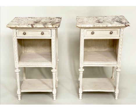 BEDSIDE/LAMP TABLES, a pair, early 20th century French grey painted each with drawer, compartment and breche violette marble 