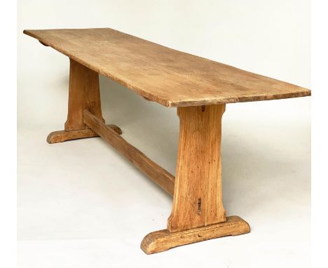 REFECTORY TABLE, vintage English oak with planked narrow rectangular top and twin trestle supports, 245cm W x 67cm D x 76cm H