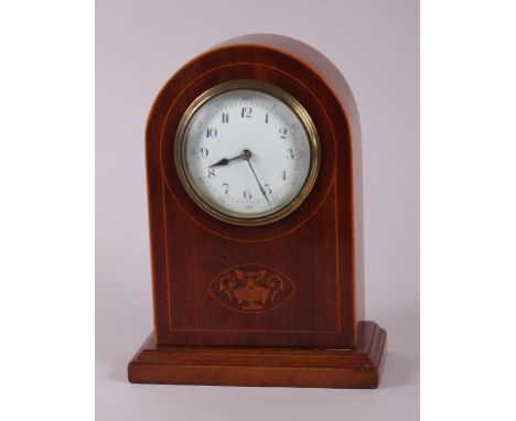An Edwardian walnut and inlaid arch top mantel clock, 9 1/2" high 