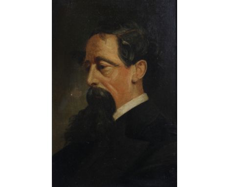 P Morris, 1873: oil on canvas, portrait of Charles Dickens, 11 1/2" x 7 1/2", in gilt decorated strip frame 
