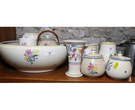 A quantity of Poole, including a bowl, 13" dia, vases, preserve pots and other items 