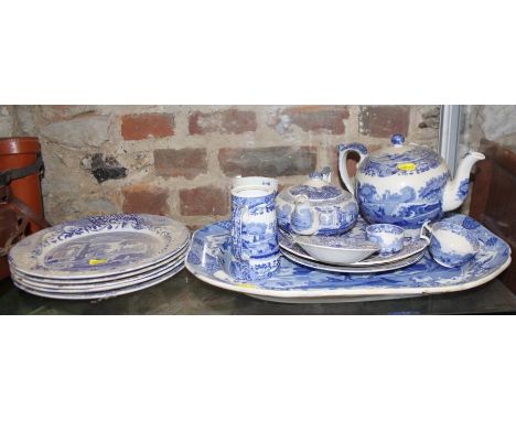 A Spode "Italian" meat plate, 18" wide, five matching plates, two teapots, and an assorted 19th century and later blue and wh