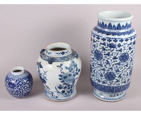 A Chinese blue and white vase, 16" high, a blue and white ginger jar with seal mark to base (chipped) and another vase, decor