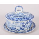 An early 19th century Davenport "Chinese Garden" pattern oval butter dish and cover with integral