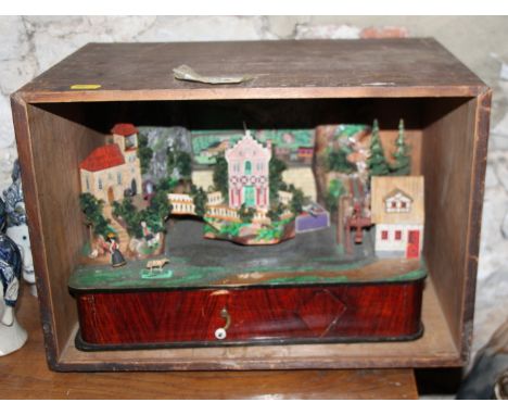 A 19th century mechanical automaton, Swiss mountain with figures, train and buildings, paper label to the base, George Burns 