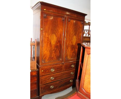 An early 19th century figured mahogany box and ebony strung linen press, the upper section with hanging rail and one tray enc
