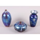 A Siddy Langley iridescent squat glass vase, dated 1989, 3 1/2" high, another by the same artist,