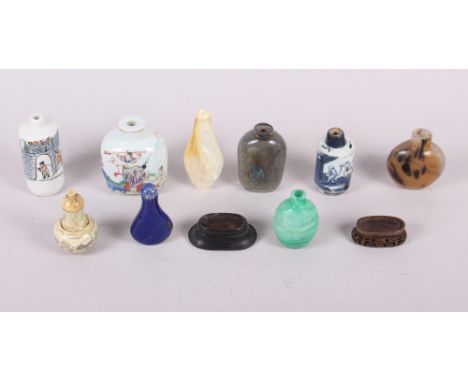 A Canton enamel miniature scent bottle with figure decoration, 2 3/4" high, eight other scent bottles, various, and two hardw