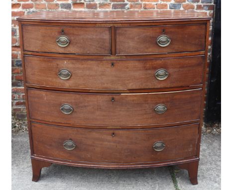 A Victorian mahogany bowfront chest of two short and three long graduated drawers, on splay bracket supports, 43 1/2" wide x 