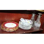 A pair of Georgian cut glass decanters and stoppers, a Spode pottery part fruit set with floral