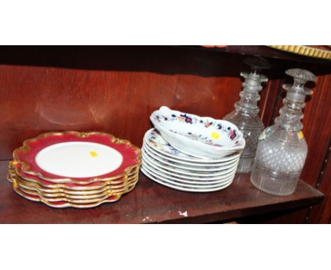 A pair of Georgian cut glass decanters and stoppers, a Spode pottery part fruit set with floral decoration and six Coalport "