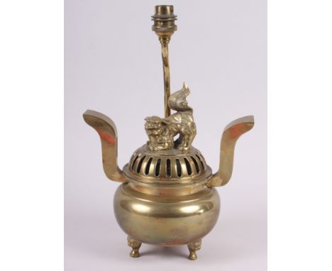 A brass censer table lamp, 12" high 