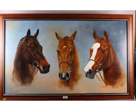 Phil Clark, '06: and oil on canvas triple horse portrait, "Sovereign Sound", "Lorins Gold" and "Ageetee", 23 1/2" x 39 1/2", 