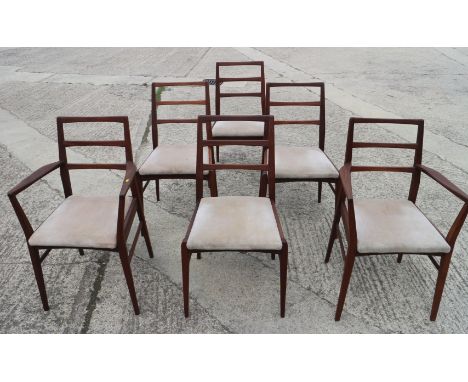 A set of six Gordon Russell style teak ladder back dining chairs with drop-in seats, on slender stretchered supports (4+2) 
