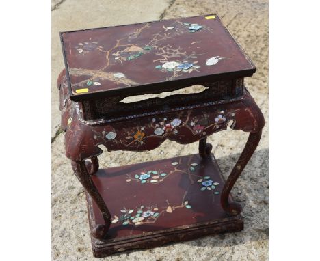 A late 19th century Chinese lacquer, stone, mother-of-pearl and enamel decorated two-tier table, on cabriole supports, 18" wi