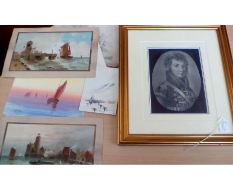 Early framed military print together with six card paintings 