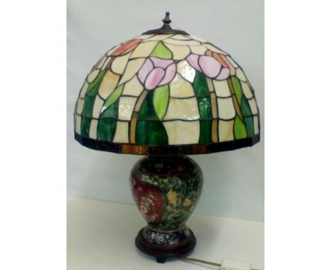 Temple jar table lamp with Tiffanny style leaded shade, height 58cm