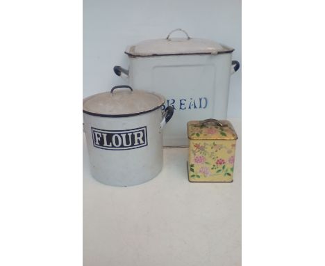 Enamel bread bin, flour jar and biscuit barrel