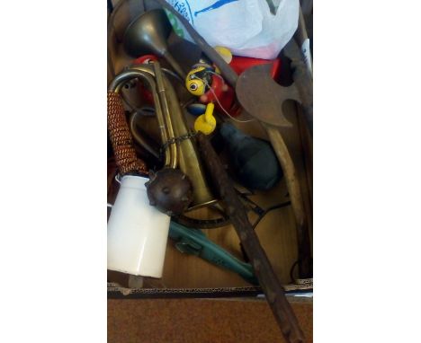 Various vintage items to include a display flail, miliatry bugle, bulb horn etc 