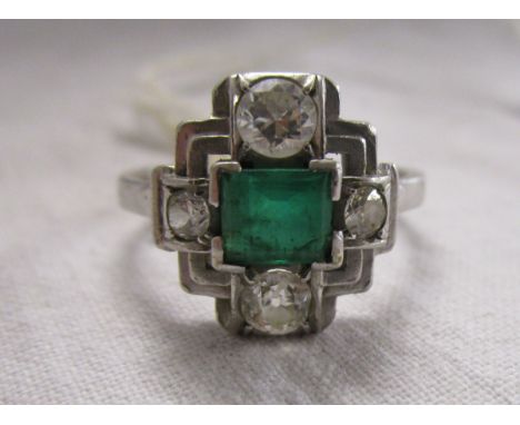 White gold Art Deco style emerald & diamond ringPlease note Pre 1950's hallmark exemption applicable