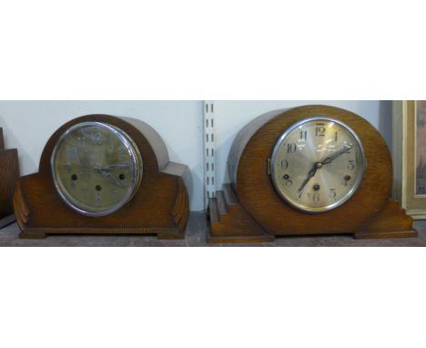 Two Art Deco oak Whittington chime mantel clocks