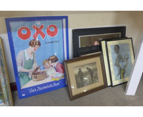 P. Chafer, two pastel portraits of African ladies, two female pencil studies, Oxo print, etc.