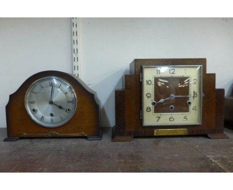 An Art Deco oak Whittington chime mantel clock and one other
