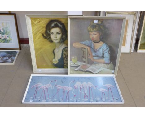 Two 1960's prints of ladies and a flamenco print on linen