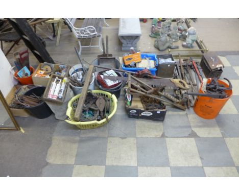 A large quantity of vintage and later tools including saws, pipe cutters, steel cable, etc.