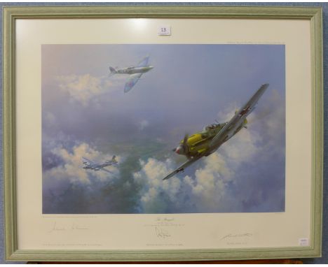 A signed Frank Wooton limited edition print, The Straggler, also signed by Johnnie Johnson and Adolf Galland, 620/1250, frame