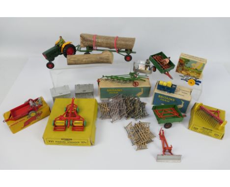 Britains - Dinky - A collection of boxed and unboxed Farm items including a Tractor with Timber Trailer, a boxed 3 Furrow Plo