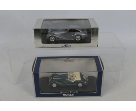 Spark - Norev - 2 x boxed Morgan cars in 1:43 scale, a 1980 Plus 8 in British Racing Green #  270302 and a 2005 Aeromax Coupe