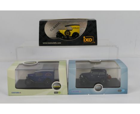 Ixo - Oxford - 3 x boxed Austin Seven models in 1:43 scale, a 1928 van in Dunlop livery # CLC031, a 1936 Ruby saloon # 43RUB0